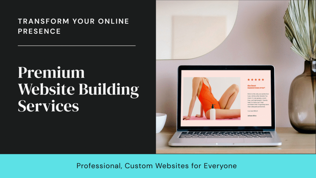 Premium website building services visual with modern workspace and laptop screen showcasing a website, emphasizing professional design for enhanced online presence using Google Analytics for SEO